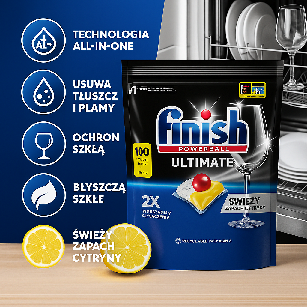 Kapsułki do Zmywarki Finish Power Ultimate All In One A'100 Lemon finish-ultimate-zalety