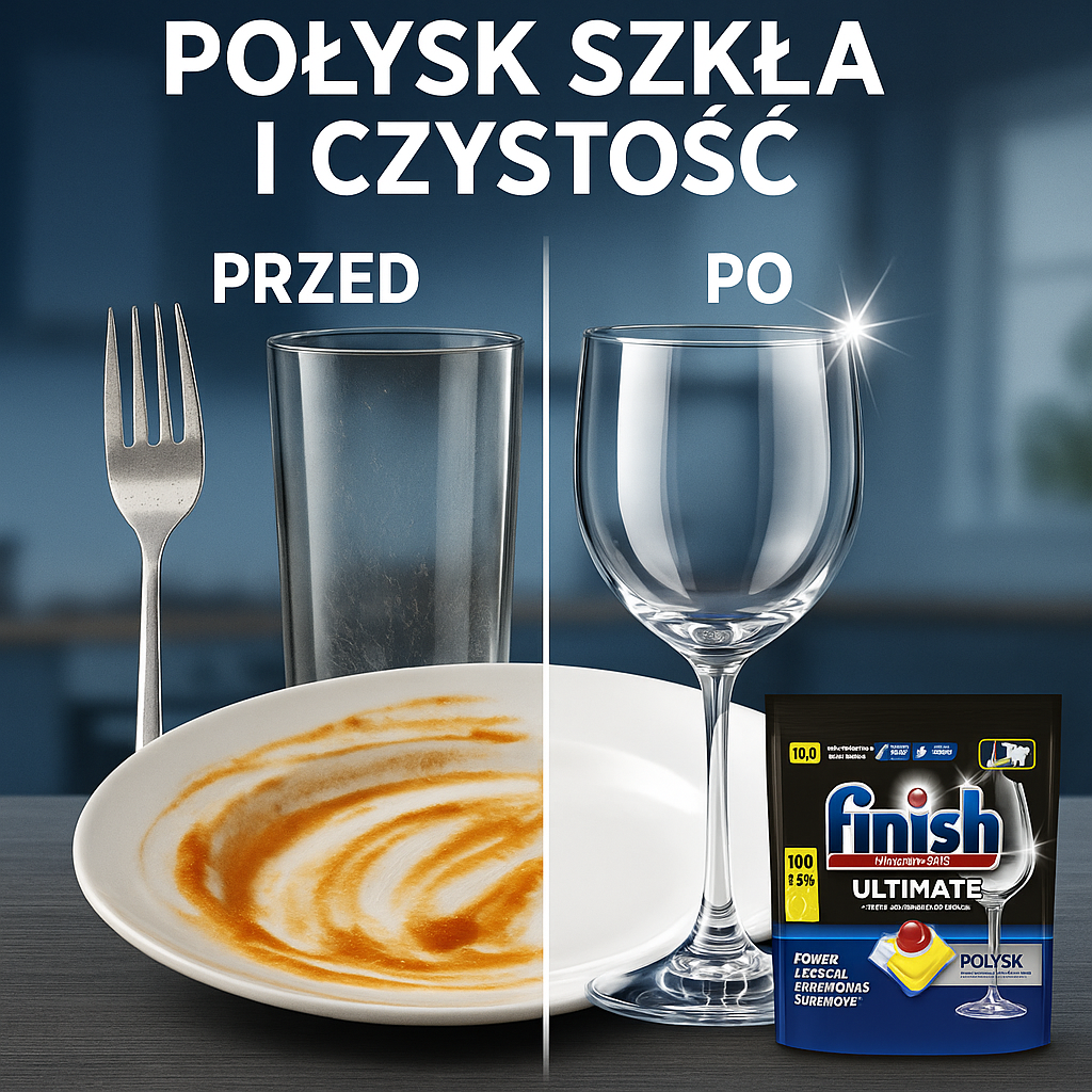 Efekt przed i po użyciu kapsułek Finish