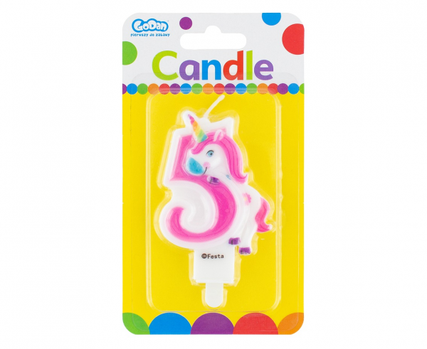 Świeczka cyferka 5, z Jednorożcem, 7,8 cm /GoDan