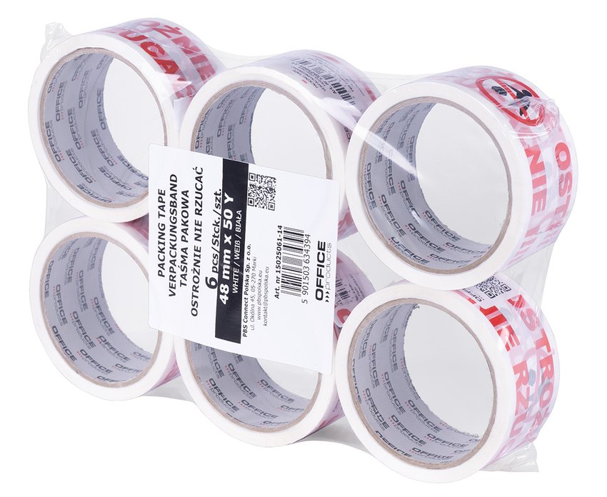 Taśma pakowa OFFICE PRODUCTS ostrożnie nie rzucać 48mm x 50y 36mic 1szt., biała