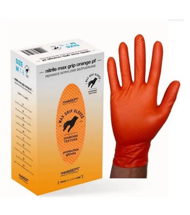 Rękawice Nitrylowe Bezpudrowe Pomarańczowe L 100szt. Max Grip /Medasept