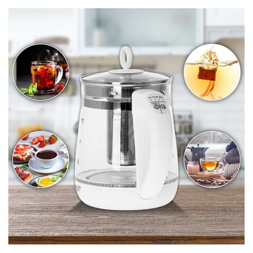 Czajnik elektryczny ADLER AD 1299 15L z regulacją temperatury i zaparzaczem szklany biały