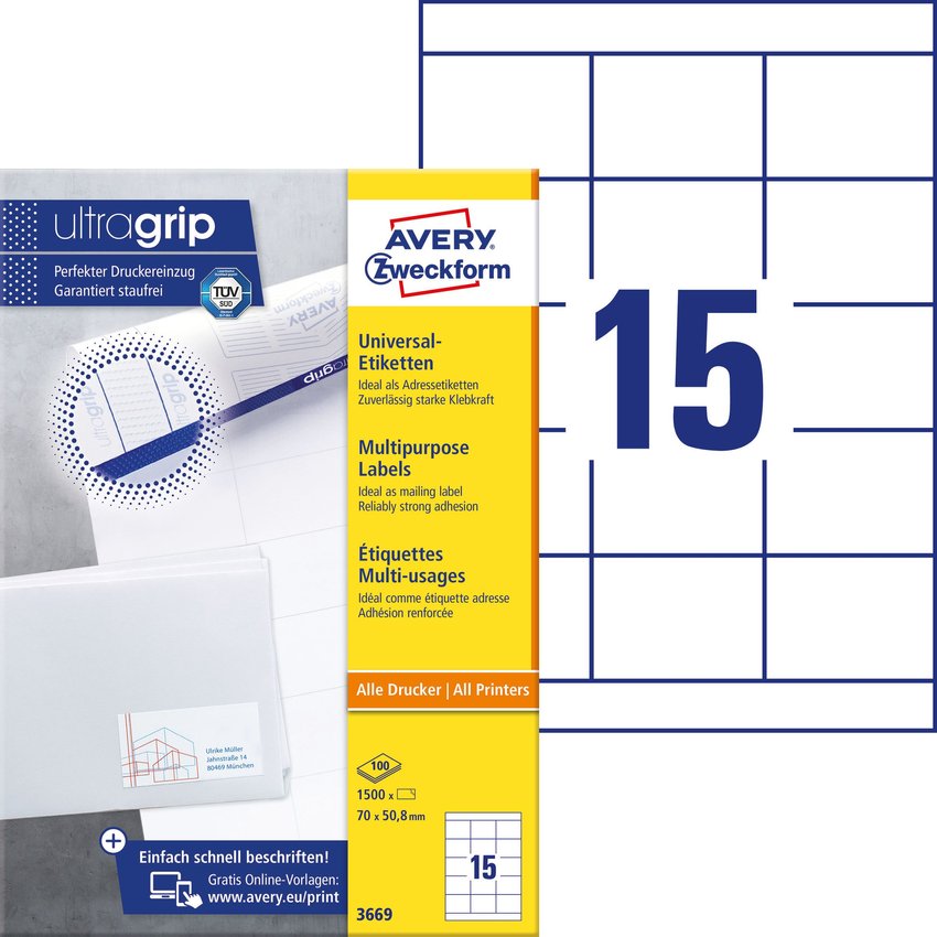 Etykiety Samoprzylepne Avery 70x50.8 15/A4 A'100 Białe No.3669