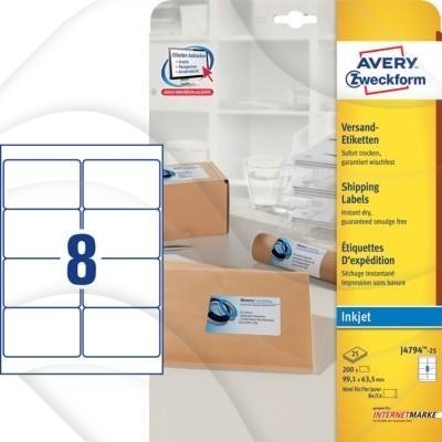 Etykiety do drukarek atramentowy Avery 99.1x63.5 8/A4 A'25 Białe No.J4794-25