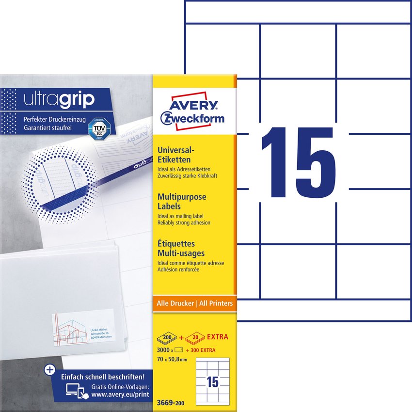 Etykiety Samoprzylepne Avery 70x50.8 15/A4 A'200 Białe No.3669-200