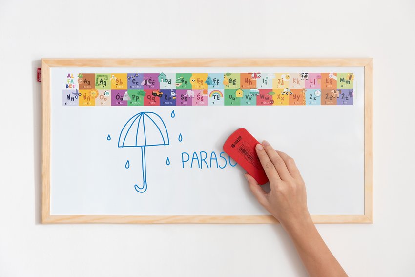 Tablica Edukacyjna Memobe, Whiteboardgame: Alphabet Adventure!, Nadruk Alfabet, Wersja Pl, Rama Drewniana, 90X60 Cm