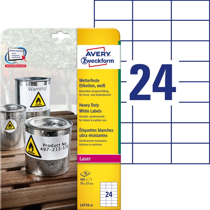 Etykiety Poliestrowe Wodoodporne Avery 70x37mm 24/A4 A'20 Białe No.L4718-20
