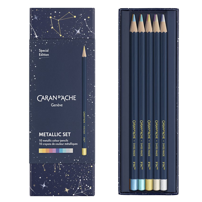 Kredki CARAN D'ACHE Cosmic Blue w pudełku 10 szt., mix kolorów metalicznych