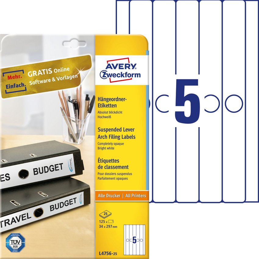 Etykiety do segregatora podwieszanego Avery 34x297 5/A4 A'25 Białe No.L4756-25