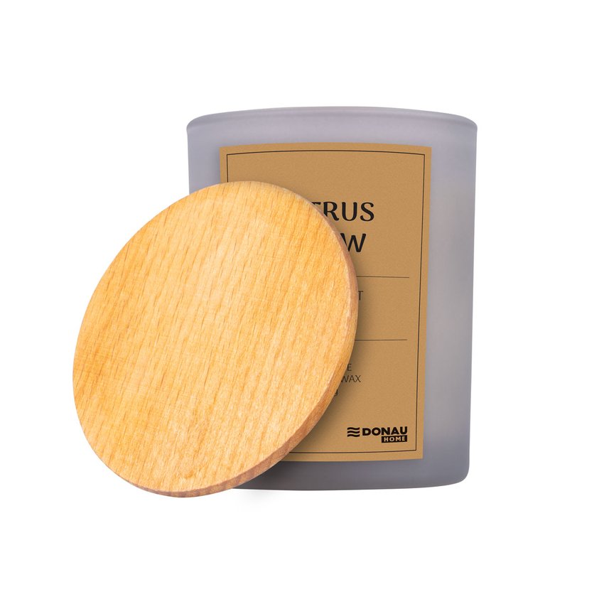 Świeca sojowa DONAU HOME w szarym szkle drewniana pokrywa i knot Citrus Glow 200g