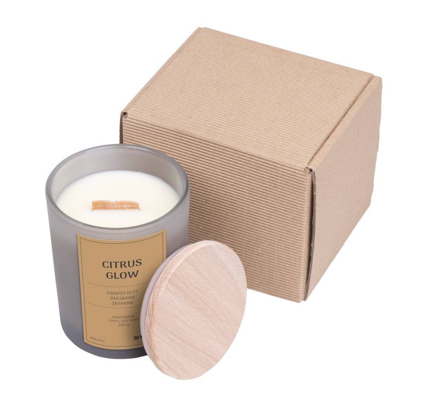 Świeca sojowa DONAU HOME w szarym szkle drewniana pokrywa i knot Citrus Glow 200g