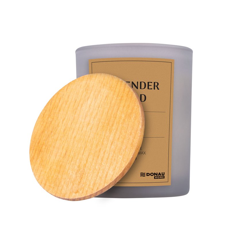 Świeca sojowa DONAU HOME w szarym szkle drewniana pokrywa i knot Lavender Field 200g