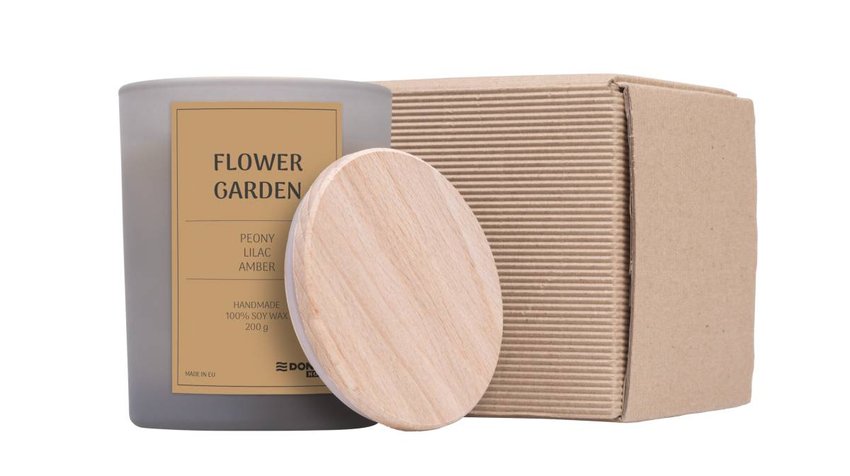 Świeca sojowa DONAU HOME w szarym szkle drewniana pokrywa i knot Flower Garden 200g
