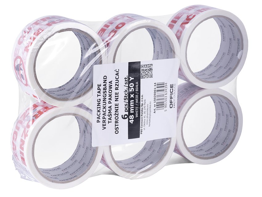 Taśma pakowa OFFICE PRODUCTS ostrożnie nie rzucać 48mm x 50y 36mic 1szt., biała