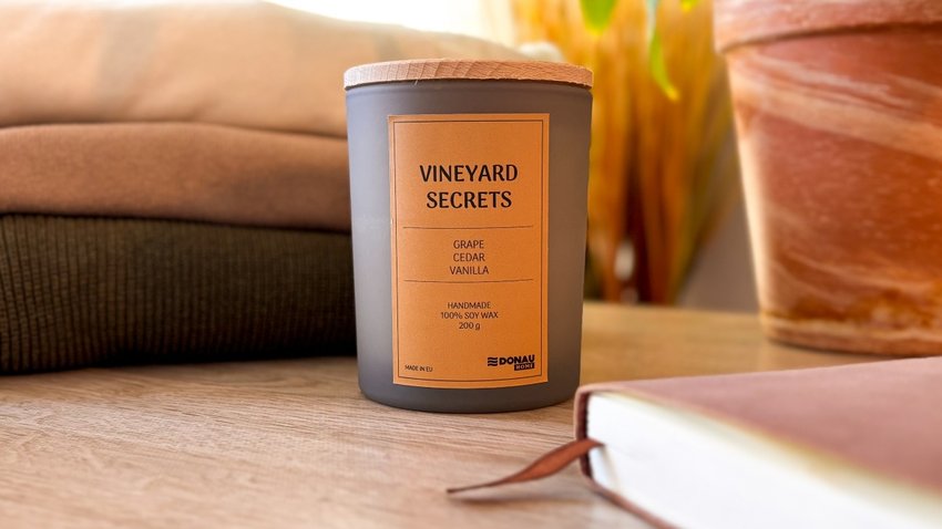 Świeca sojowa DONAU HOME w szarym szkle drewniana pokrywa i knot Vineyard Secrets 200g