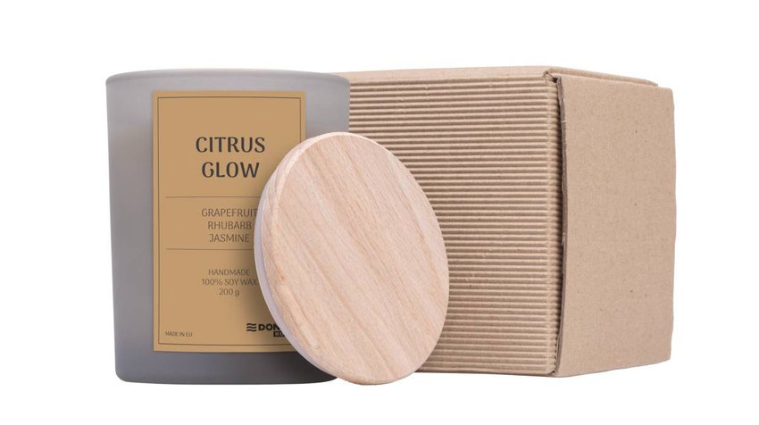 Świeca sojowa DONAU HOME w szarym szkle drewniana pokrywa i knot Citrus Glow 200g