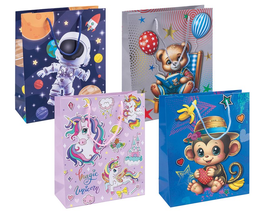 Torebka na prezenty DONAU HOME laminowana 25x30x10cm dziecięca sznurek mix wzorów