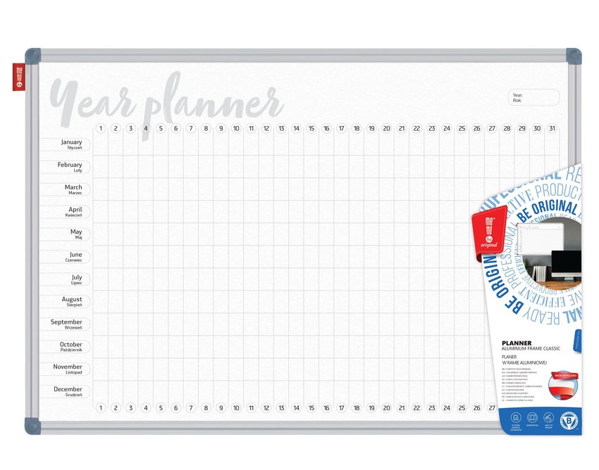 Tablica Planer Memobe, Roczny, Nadruk W Kolorze Czarnym, Rama Aluminiowa Classic, Model 8, 150X100 Cm