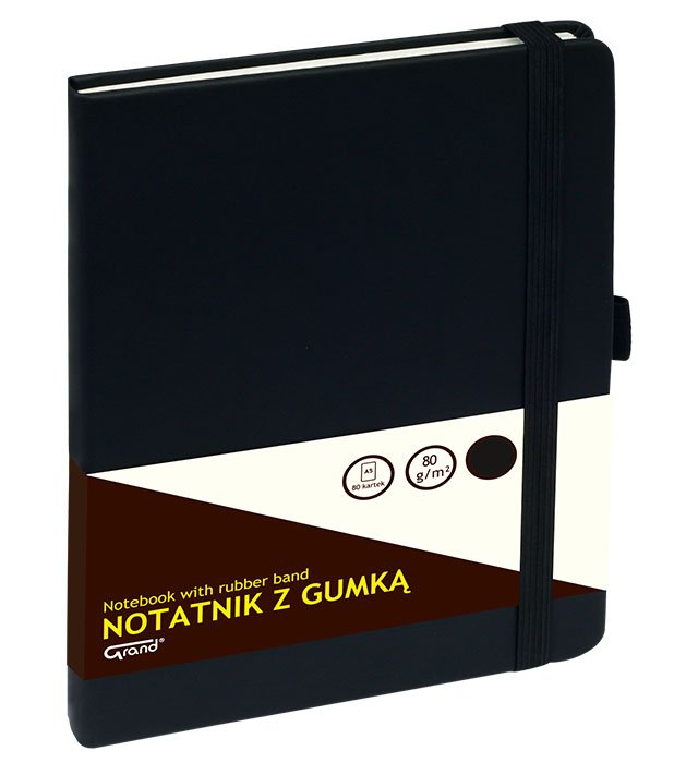 Notatnik GRAND z gumką czarny A5/80 kartek 80gm- kratka