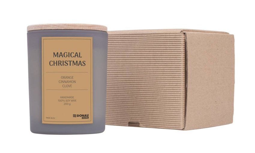 Świeca sojowa DONAU HOME w szarym szkle drewniana pokrywa i knot Magia Świąt 200g
