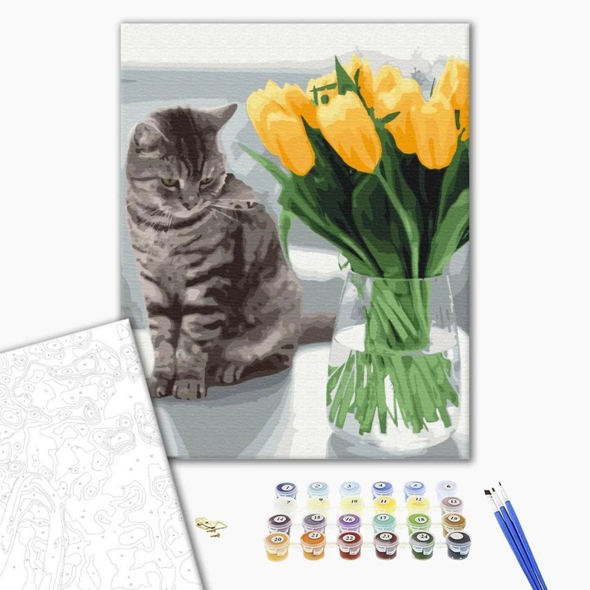 Malowanie po numerach BRUSHME 40x50 cm kot z tulipanami 1 szt., w pudełku
