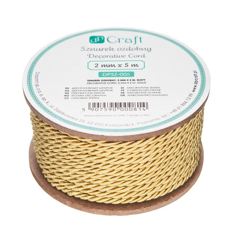 Sznurek Ozdobny 2mm x 5m Złoty /DpCraft