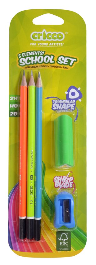 Ołówki Cricco Neonowe 3 Szt.+ Temperówka + Gumka Blister