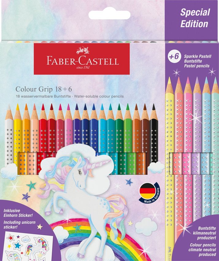 Kredki Grip 2001 Edycja Unicorn 18  Kredek Grip + 6 Kredek Sparkle Pastelowych + Naklejki Faber-Castell
