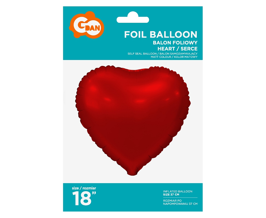 Balon foliowy Serce, matowe, czerwone, 18 cali /GoDan