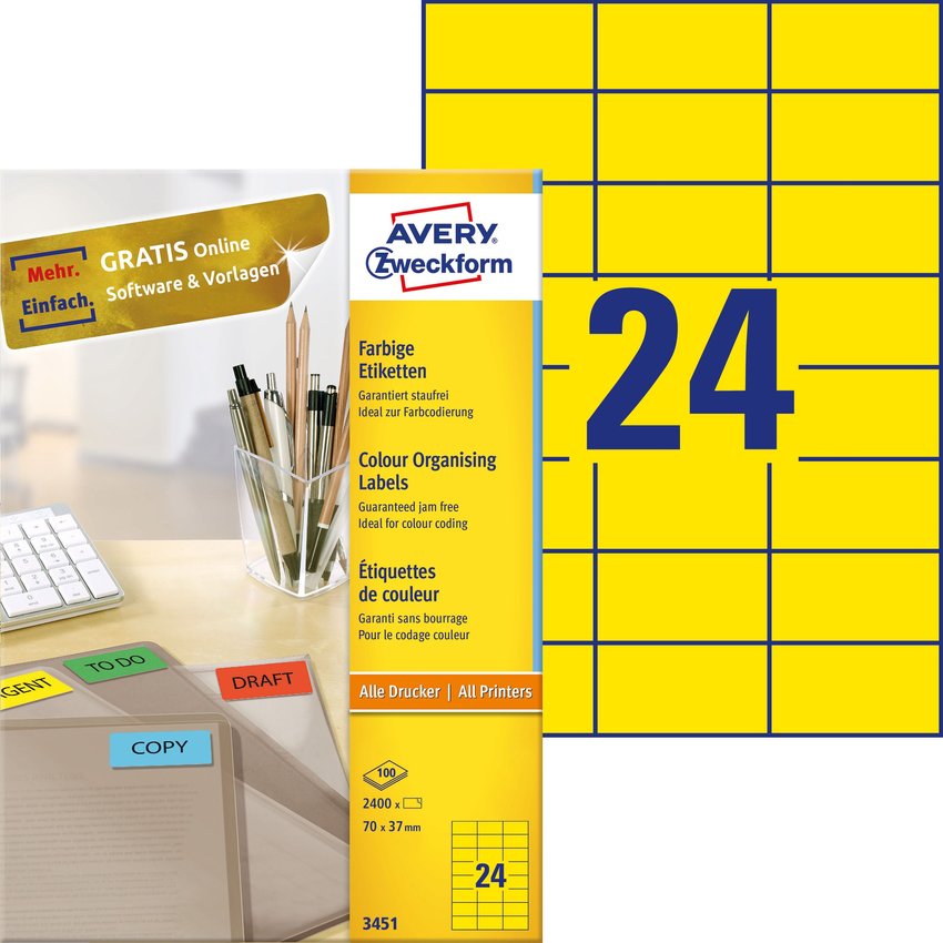 Etykiety Samop. Avery 70x37 24/A4 A'100 Żółte No.3451