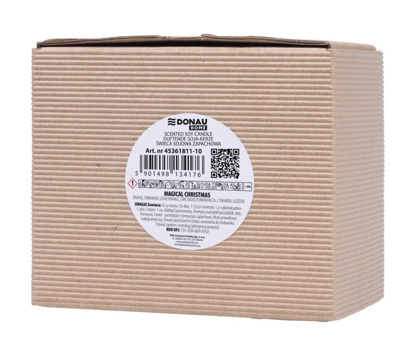 Świeca sojowa DONAU HOME w szarym szkle drewniana pokrywa i knot Magia Świąt 200g