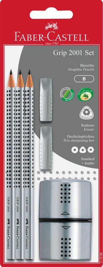 Grip 2001 Set Srebrny 3X Ołówek + Temperówka + 2 X Gumka Nakładka Blister Faber-Castell