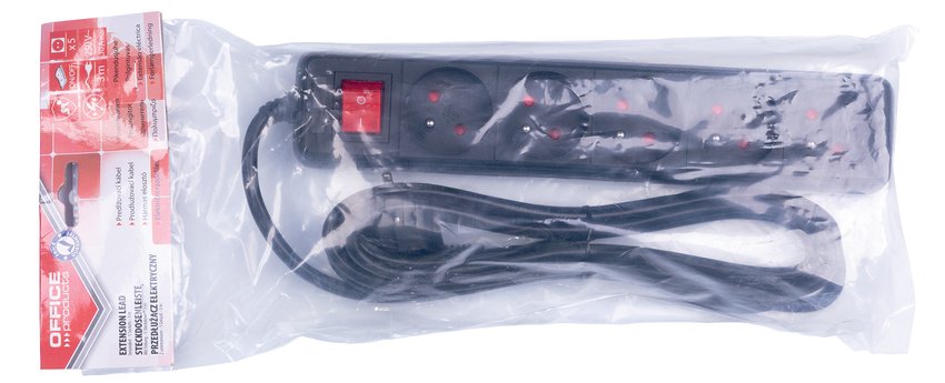 Przedłużacz OFFICE PRODUCTS 5 gniazd 3m z uziemieniem i wyłącznikiem czarny