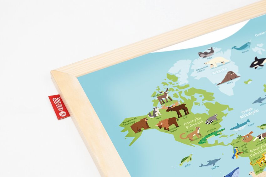 Tablica Edukacyjna Memobe, Whiteboardgame: Animal Adventure!, Nadruk Mapa Świata Ze Zwierzętami, Wersja Pl, Rama Drewniana, 60X40 Cm