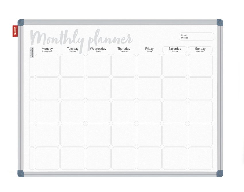 Tablica Planer Memobe, Miesięczny, Nadruk W Kolorze Czarnym, Rama Aluminiowa Classic, Model 6, 120X90 Cm