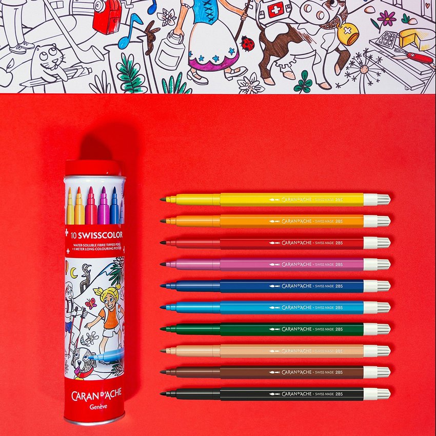 Flamastry akwarelowe CARAN D'ACHE Swisscolor w metalowej tubie z kolorowanką 10 szt., mix kolorów