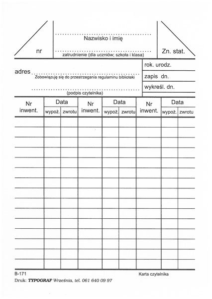 Karta Czytelnika B171 A'100 /Typograf