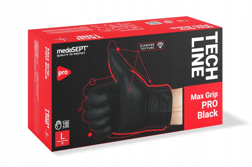 Rękawice Nitrylowe Bezpudrowe Czarne Max Grip PRO L 100szt. /Medasept