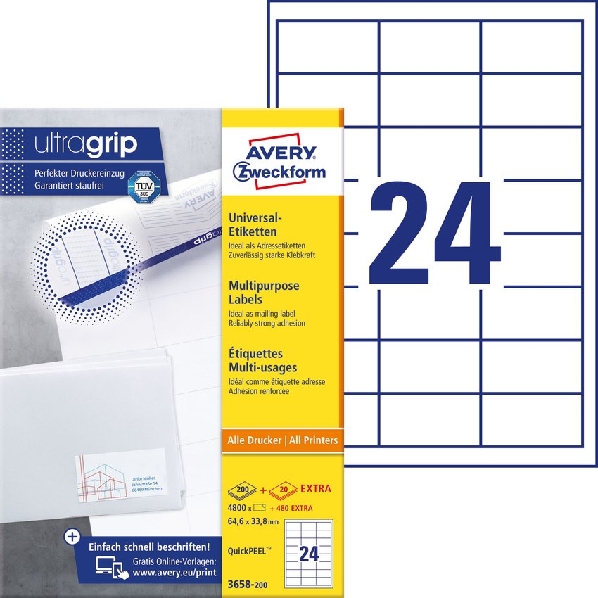 Etykiety Samoprzylepne Avery 64.6x33.8 24/A4 A'200 Białe No.3658-200