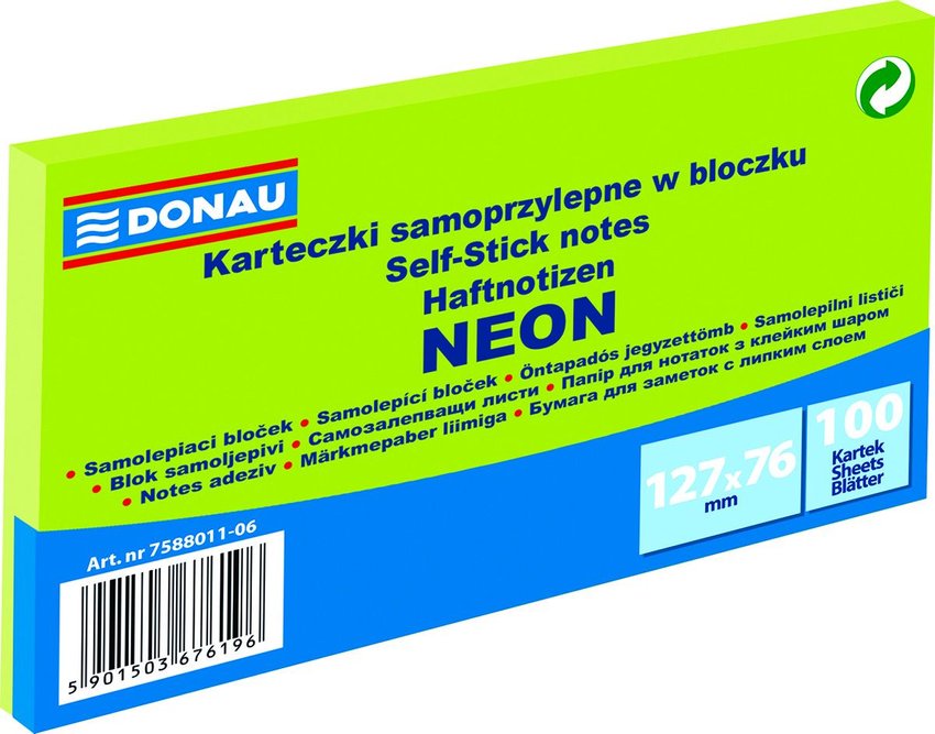 Bloczek Samoprzylepny Donau 127X76mm 1X100 Kart. Neon Zielony
