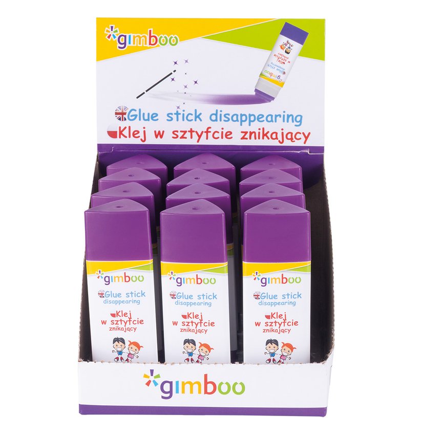 Klej w sztyfcie GIMBOO PVP trójkątny znikający 15g 1 szt., pakowany w displayu fioletowy