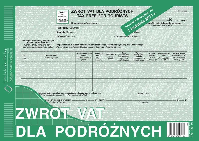 Zwrot VAT Dla Podróżnych Tax Free A4 Poziom 180-1U /MiP