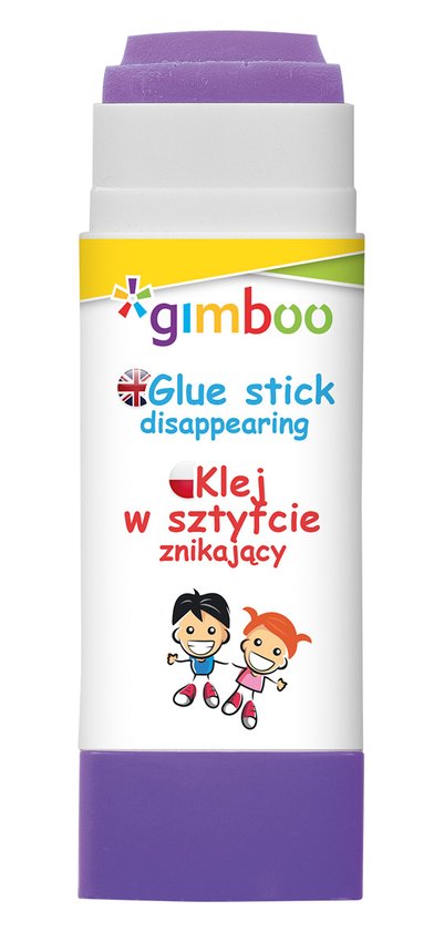 Klej w sztyfcie GIMBOO PVP trójkątny znikający 15g 1 szt., pakowany w displayu fioletowy