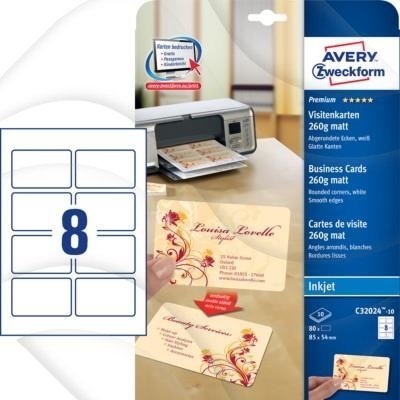 Wizytówki Obustronne z Zaokrąglonymi Narożnikam Quick&Clean 80g 260szt. Avery 85x54 Białe Matowe No.C32024-10