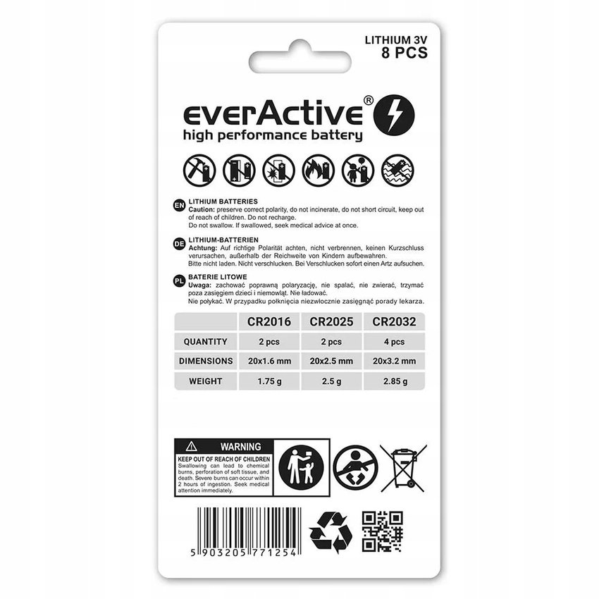 Bateria EverActive CR2016, CR2025, CR2032 3V Litowa 8szt.