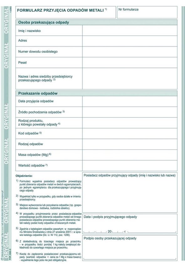 Formularz Przyjęcia Odpadów Metali A5 Offset E03-3 /MiP
