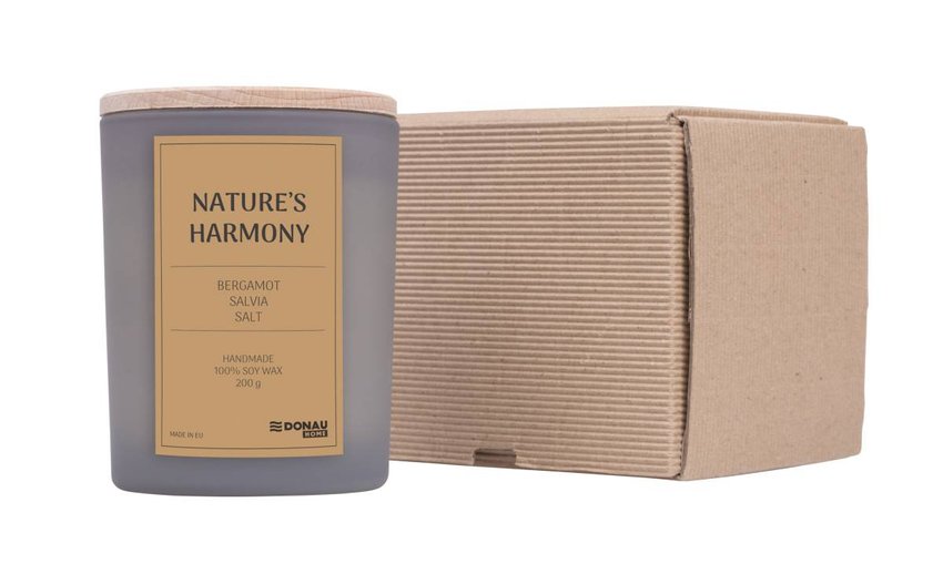 Świeca sojowa DONAU HOME w szarym szkle drewniana pokrywa i knot Nature's Harmony 200g