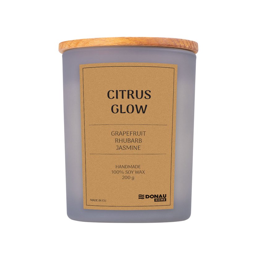 Świeca sojowa DONAU HOME w szarym szkle drewniana pokrywa i knot Citrus Glow 200g