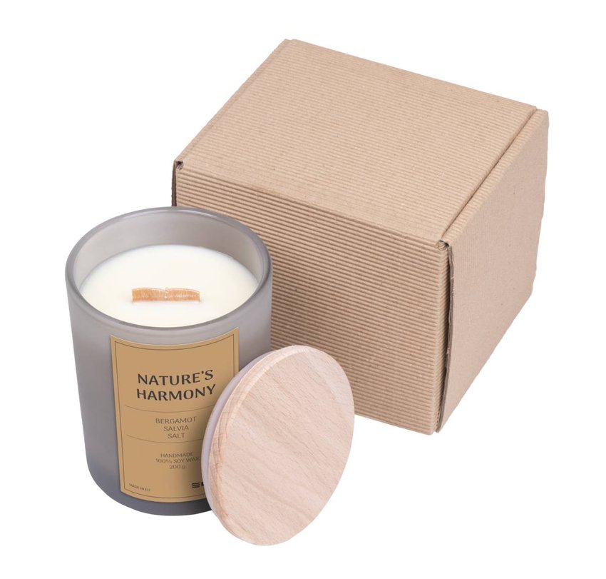 Świeca sojowa DONAU HOME w szarym szkle drewniana pokrywa i knot Nature's Harmony 200g