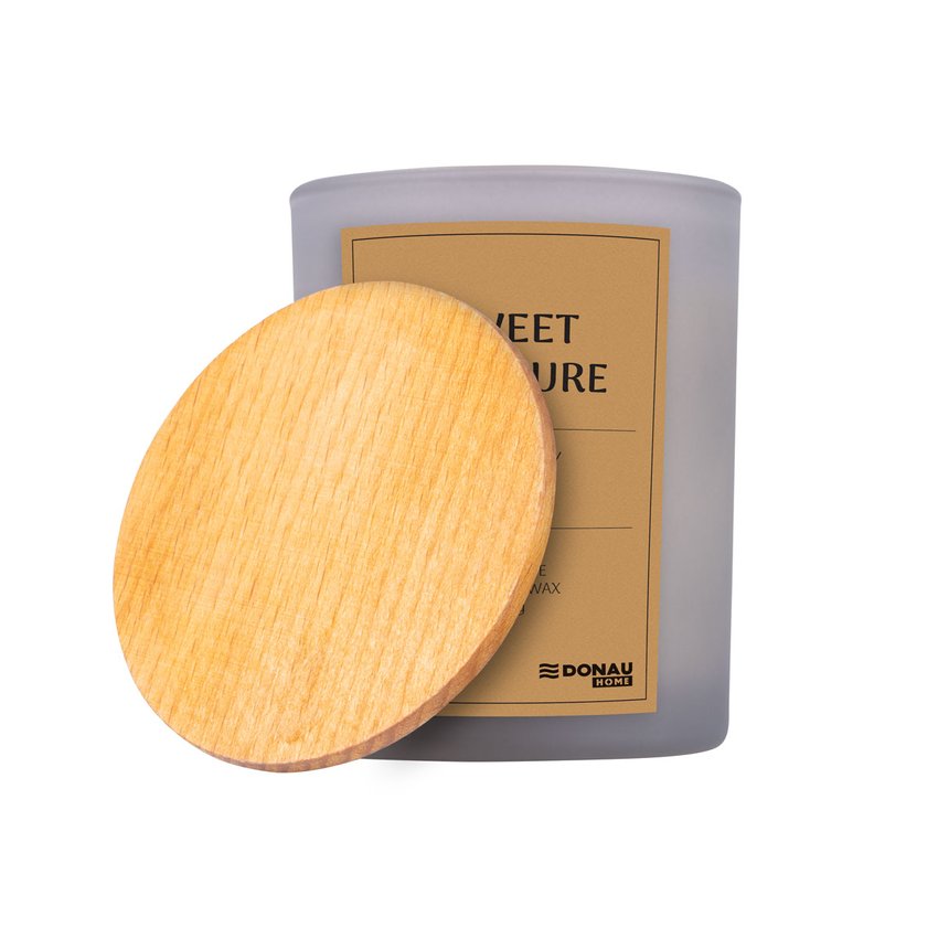 Świeca sojowa DONAU HOME w szarym szkle drewniana pokrywa i knot Sweet Pleasure 200g